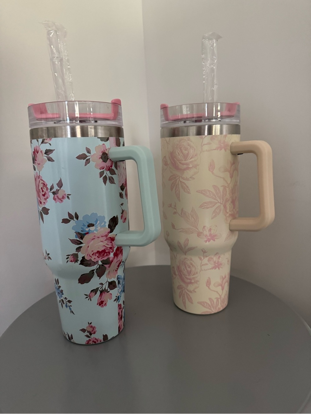 Francesca's Collections Floral Blue and Cream Travel Mugs with Handles